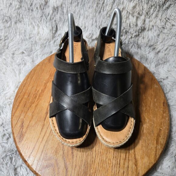 Born Alaina Womens 8M/39 Platform Wedge Black Leather Ankle Strap Buckle Sandal - Picture 2 of 11